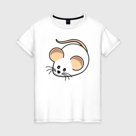 Женская футболка хлопок с принтом Белый мышонок в Кировске, 100% хлопок | прямой крой, круглый вырез горловины, длина до линии бедер, слегка спущенное плечо | 