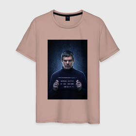 Мужская футболка хлопок с принтом Декстер с табличкой в Петрозаводске, 100% хлопок | прямой крой, круглый вырез горловины, длина до линии бедер, слегка спущенное плечо. | 