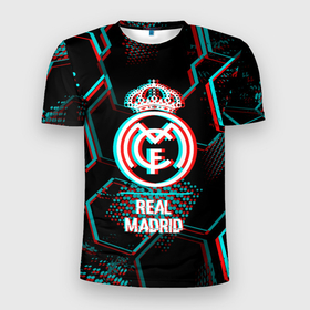 Мужская футболка 3D Slim с принтом Real Madrid FC в стиле glitch на темном фоне в Петрозаводске, 100% полиэстер с улучшенными характеристиками | приталенный силуэт, круглая горловина, широкие плечи, сужается к линии бедра | 