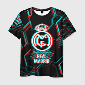 Мужская футболка 3D с принтом Real Madrid FC в стиле glitch на темном фоне в Тюмени, 100% полиэфир | прямой крой, круглый вырез горловины, длина до линии бедер | 