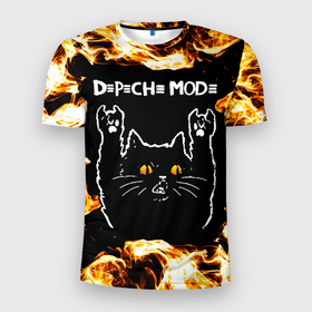 Мужская футболка 3D Slim с принтом Depeche Mode рок кот и огонь в Екатеринбурге, 100% полиэстер с улучшенными характеристиками | приталенный силуэт, круглая горловина, широкие плечи, сужается к линии бедра | Тематика изображения на принте: 