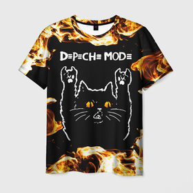 Мужская футболка 3D с принтом Depeche Mode рок кот и огонь в Екатеринбурге, 100% полиэфир | прямой крой, круглый вырез горловины, длина до линии бедер | Тематика изображения на принте: 