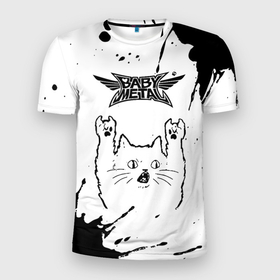 Мужская футболка 3D Slim с принтом Babymetal рок кот на светлом фоне в Белгороде, 100% полиэстер с улучшенными характеристиками | приталенный силуэт, круглая горловина, широкие плечи, сужается к линии бедра | Тематика изображения на принте: 