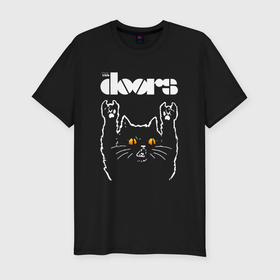 Мужская футболка хлопок Slim с принтом The Doors rock cat в Санкт-Петербурге, 92% хлопок, 8% лайкра | приталенный силуэт, круглый вырез ворота, длина до линии бедра, короткий рукав | 