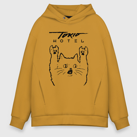 Мужское худи Oversize хлопок с принтом Tokio Hotel   rock cat в Белгороде, френч-терри — 70% хлопок, 30% полиэстер. Мягкий теплый начес внутри —100% хлопок | боковые карманы, эластичные манжеты и нижняя кромка, капюшон на магнитной кнопке | Тематика изображения на принте: 