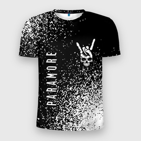 Мужская футболка 3D Slim с принтом Paramore и рок символ на темном фоне в Санкт-Петербурге, 100% полиэстер с улучшенными характеристиками | приталенный силуэт, круглая горловина, широкие плечи, сужается к линии бедра | 