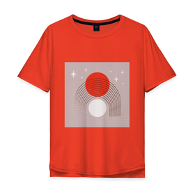 Мужская футболка хлопок Oversize с принтом Красное солнце бохо минимализм в Курске, 100% хлопок | свободный крой, круглый ворот, “спинка” длиннее передней части | Тематика изображения на принте: 