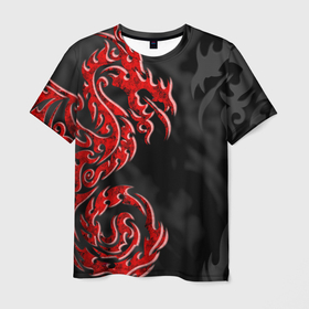 Мужская футболка 3D с принтом Красный дракон на сером   трайбл в Екатеринбурге, 100% полиэфир | прямой крой, круглый вырез горловины, длина до линии бедер | Тематика изображения на принте: 