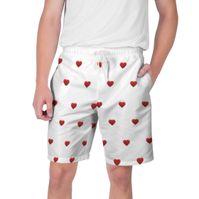 Мужские шорты 3D с принтом Белая поляна с красными сердечками в Белгороде,  полиэстер 100% | прямой крой, два кармана без застежек по бокам. Мягкая трикотажная резинка на поясе, внутри которой широкие завязки. Длина чуть выше колен | 