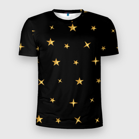 Мужская футболка 3D Slim с принтом Золотые россыпи звезд на черном поле в Кировске, 100% полиэстер с улучшенными характеристиками | приталенный силуэт, круглая горловина, широкие плечи, сужается к линии бедра | 
