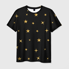 Мужская футболка 3D с принтом Золотые россыпи звезд на черном поле в Санкт-Петербурге, 100% полиэфир | прямой крой, круглый вырез горловины, длина до линии бедер | Тематика изображения на принте: 