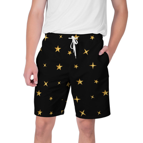 Мужские шорты 3D с принтом Золотые россыпи звезд на черном поле в Новосибирске,  полиэстер 100% | прямой крой, два кармана без застежек по бокам. Мягкая трикотажная резинка на поясе, внутри которой широкие завязки. Длина чуть выше колен | 