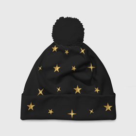 Шапка 3D c помпоном с принтом Золотые россыпи звезд на черном поле в Санкт-Петербурге, 100% полиэстер | универсальный размер, печать по всей поверхности изделия | Тематика изображения на принте: 