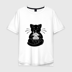 Мужская футболка хлопок Oversize с принтом Черный кот и дом в Екатеринбурге, 100% хлопок | свободный крой, круглый ворот, “спинка” длиннее передней части | 