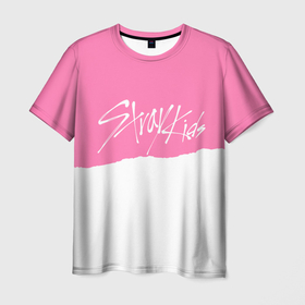 Мужская футболка 3D с принтом Stray Kids pink and white в Белгороде, 100% полиэфир | прямой крой, круглый вырез горловины, длина до линии бедер | Тематика изображения на принте: 