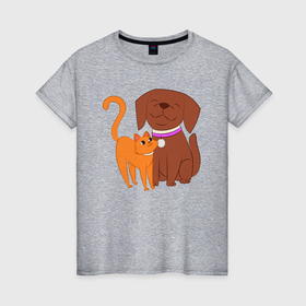 Женская футболка хлопок с принтом Собачка и кошечка дружат в Тюмени, 100% хлопок | прямой крой, круглый вырез горловины, длина до линии бедер, слегка спущенное плечо | 