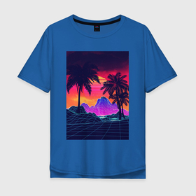 Мужская футболка хлопок Oversize с принтом Синтвейв пляж и пальмы в Курске, 100% хлопок | свободный крой, круглый ворот, “спинка” длиннее передней части | 