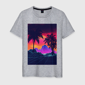 Мужская футболка хлопок с принтом Синтвейв пляж и пальмы в Курске, 100% хлопок | прямой крой, круглый вырез горловины, длина до линии бедер, слегка спущенное плечо. | Тематика изображения на принте: 