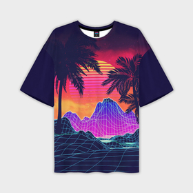 Мужская футболка OVERSIZE 3D с принтом Тропический остров с пальмами ретро иллюстрация ,  |  | 