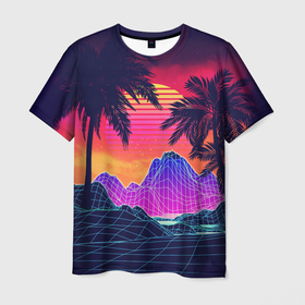 Мужская футболка 3D с принтом Тропический остров с пальмами ретро иллюстрация , 100% полиэфир | прямой крой, круглый вырез горловины, длина до линии бедер | 