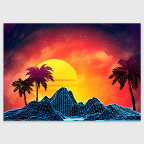Поздравительная открытка с принтом Тропический остров на закате ретро иллюстрация , 100% бумага | плотность бумаги 280 г/м2, матовая, на обратной стороне линовка и место для марки
 | 