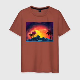 Мужская футболка хлопок с принтом Пляж и пальмы абстрактный ретро дизайн в Санкт-Петербурге, 100% хлопок | прямой крой, круглый вырез горловины, длина до линии бедер, слегка спущенное плечо. | 
