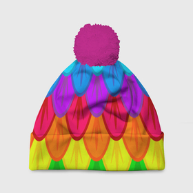Шапка 3D c помпоном с принтом Разноцветные перья в Новосибирске, 100% полиэстер | универсальный размер, печать по всей поверхности изделия | Тематика изображения на принте: 