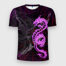Мужская футболка 3D Slim с принтом Неоновый дракон purple dragon в Белгороде, 100% полиэстер с улучшенными характеристиками | приталенный силуэт, круглая горловина, широкие плечи, сужается к линии бедра | 
