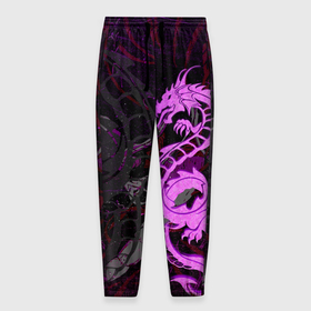 Мужские брюки 3D с принтом Неоновый дракон purple dragon в Белгороде, 100% полиэстер | манжеты по низу, эластичный пояс регулируется шнурком, по бокам два кармана без застежек, внутренняя часть кармана из мелкой сетки | 