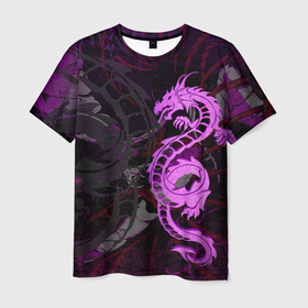 Мужская футболка 3D с принтом Неоновый дракон purple dragon в Петрозаводске, 100% полиэфир | прямой крой, круглый вырез горловины, длина до линии бедер | 