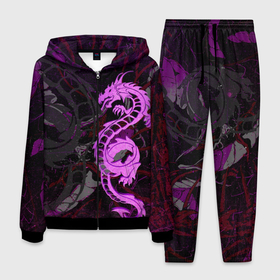 Мужской костюм 3D с принтом Неоновый дракон purple dragon , 100% полиэстер | Манжеты и пояс оформлены тканевой резинкой, двухслойный капюшон со шнурком для регулировки, карманы спереди | Тематика изображения на принте: 
