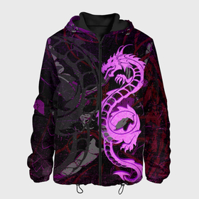 Мужская куртка 3D с принтом Неоновый дракон purple dragon , ткань верха — 100% полиэстер, подклад — флис | прямой крой, подол и капюшон оформлены резинкой с фиксаторами, два кармана без застежек по бокам, один большой потайной карман на груди. Карман на груди застегивается на липучку | Тематика изображения на принте: 