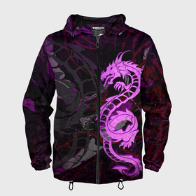 Мужская ветровка 3D с принтом Неоновый дракон purple dragon в Курске, 100% полиэстер | подол и капюшон оформлены резинкой с фиксаторами, два кармана без застежек по бокам, один потайной карман на груди | Тематика изображения на принте: 