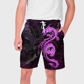 Мужские шорты 3D с принтом Неоновый дракон purple dragon ,  полиэстер 100% | прямой крой, два кармана без застежек по бокам. Мягкая трикотажная резинка на поясе, внутри которой широкие завязки. Длина чуть выше колен | Тематика изображения на принте: 