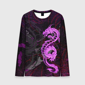 Мужской лонгслив 3D с принтом Неоновый дракон purple dragon , 100% полиэстер | длинные рукава, круглый вырез горловины, полуприлегающий силуэт | 