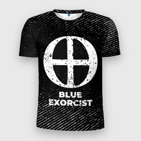 Мужская футболка 3D Slim с принтом Blue Exorcist с потертостями на темном фоне в Петрозаводске, 100% полиэстер с улучшенными характеристиками | приталенный силуэт, круглая горловина, широкие плечи, сужается к линии бедра | Тематика изображения на принте: 