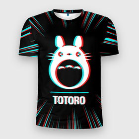Мужская футболка 3D Slim с принтом Символ Totoro в стиле glitch на темном фоне в Курске, 100% полиэстер с улучшенными характеристиками | приталенный силуэт, круглая горловина, широкие плечи, сужается к линии бедра | 