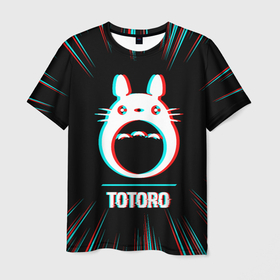 Мужская футболка 3D с принтом Символ Totoro в стиле glitch на темном фоне в Курске, 100% полиэфир | прямой крой, круглый вырез горловины, длина до линии бедер | 