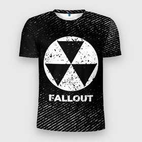 Мужская футболка 3D Slim с принтом Fallout с потертостями на темном фоне в городе Новоалтайск, 100% полиэстер с улучшенными характеристиками | приталенный силуэт, круглая горловина, широкие плечи, сужается к линии бедра | 