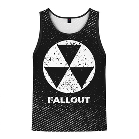 Мужская майка 3D с принтом Fallout с потертостями на темном фоне в городе Новоалтайск, 100% полиэстер | круглая горловина, приталенный силуэт, длина до линии бедра. Пройма и горловина окантованы тонкой бейкой | 