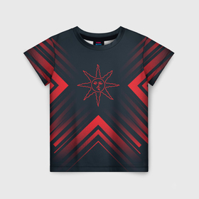 Детская футболка 3D с принтом Красный символ Dark Souls на темном фоне со стрелками в Санкт-Петербурге, 100% гипоаллергенный полиэфир | прямой крой, круглый вырез горловины, длина до линии бедер, чуть спущенное плечо, ткань немного тянется | 