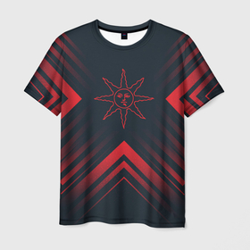 Мужская футболка 3D с принтом Красный символ Dark Souls на темном фоне со стрелками в Санкт-Петербурге, 100% полиэфир | прямой крой, круглый вырез горловины, длина до линии бедер | Тематика изображения на принте: 