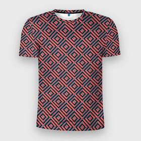 Мужская футболка 3D Slim с принтом Абстракция коричнево синие квадраты в Белгороде, 100% полиэстер с улучшенными характеристиками | приталенный силуэт, круглая горловина, широкие плечи, сужается к линии бедра | 