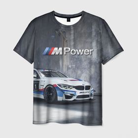 Мужская футболка 3D с принтом BMW M4 GT4   racing team   motorsport , 100% полиэфир | прямой крой, круглый вырез горловины, длина до линии бедер | 