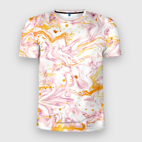 Мужская футболка 3D Slim с принтом Розовый мрамор с оранжевыми прожилками в Петрозаводске, 100% полиэстер с улучшенными характеристиками | приталенный силуэт, круглая горловина, широкие плечи, сужается к линии бедра | Тематика изображения на принте: 
