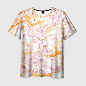 Мужская футболка 3D с принтом Розовый мрамор с оранжевыми прожилками в Екатеринбурге, 100% полиэфир | прямой крой, круглый вырез горловины, длина до линии бедер | 