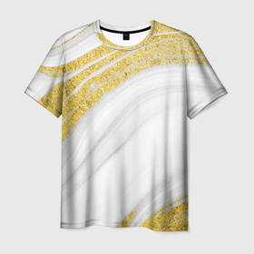 Мужская футболка 3D с принтом Белый с золотом мрамор в Екатеринбурге, 100% полиэфир | прямой крой, круглый вырез горловины, длина до линии бедер | 