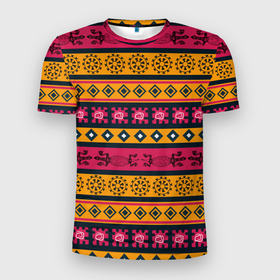 Мужская футболка 3D Slim с принтом Африканские узоры ромбики и ящерицы в Екатеринбурге, 100% полиэстер с улучшенными характеристиками | приталенный силуэт, круглая горловина, широкие плечи, сужается к линии бедра | 
