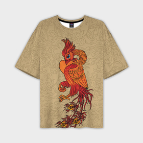 Мужская футболка OVERSIZE 3D с принтом Огненный феникс на бежевом фоне символ возрождения в Курске,  |  | Тематика изображения на принте: 
