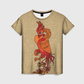 Женская футболка 3D с принтом Огненный феникс на бежевом фоне символ возрождения , 100% полиэфир ( синтетическое хлопкоподобное полотно) | прямой крой, круглый вырез горловины, длина до линии бедер | 